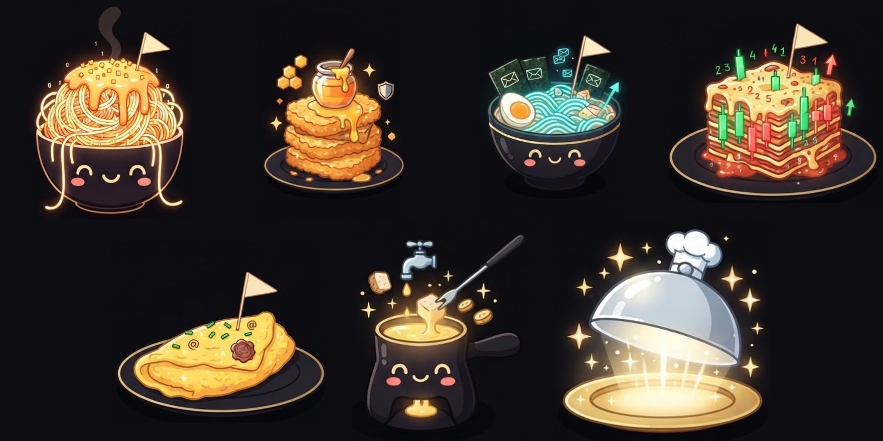 The seven dishes: spaghetti, hash browns, ramen, lasagna, omelette, fondue and the Chef's Special