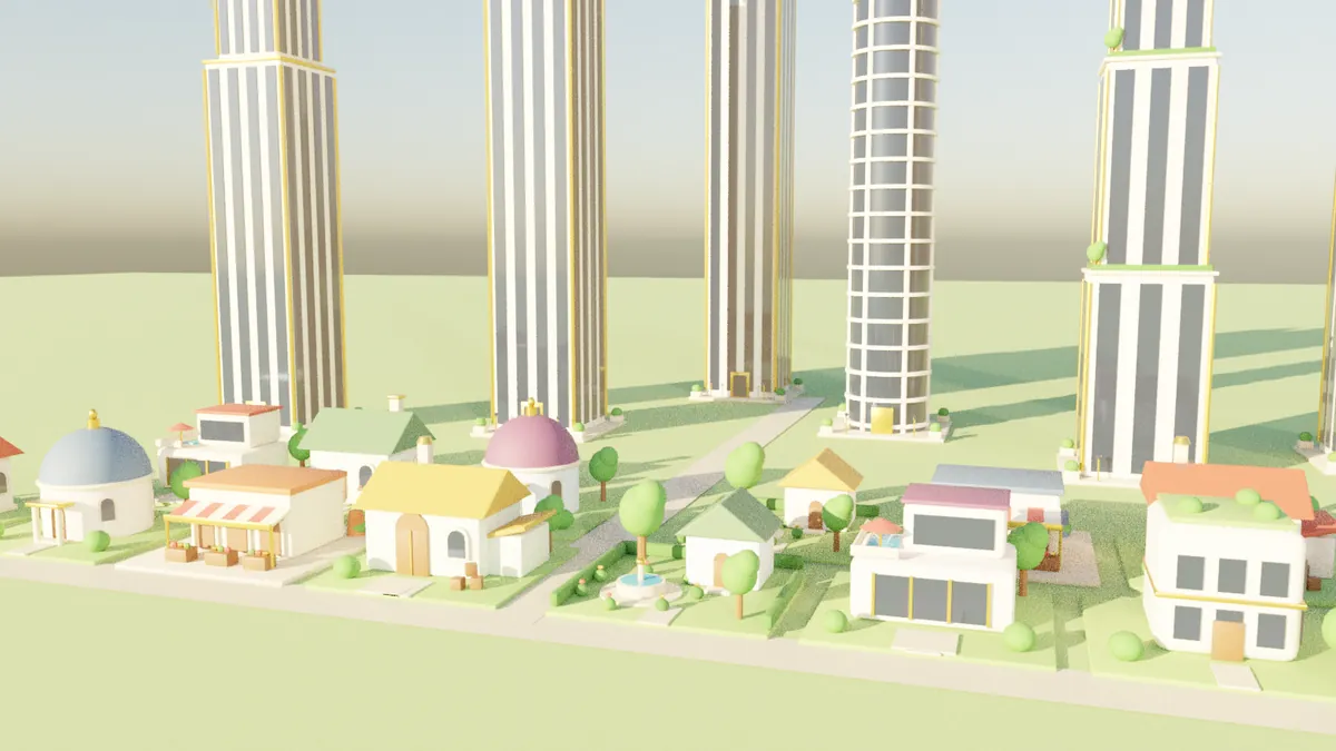 A street in APEX City on X1: ivory houses with terracotta, blue and green roofs, gardens and a fountain, gold-trimmed towers behind