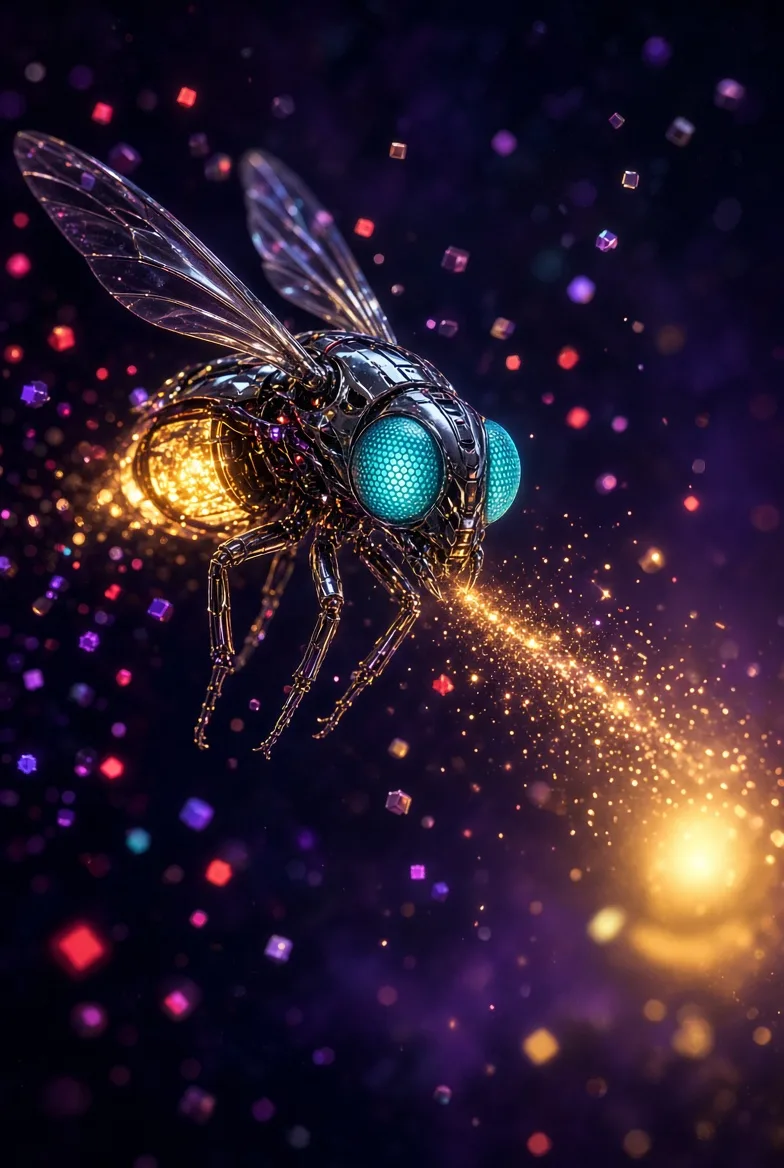 A chrome firefly drone flying toward a warm light