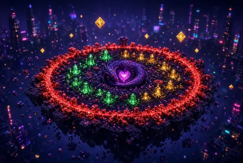 The Bloodstream island: a ring of glowing cells around a sleeping Lumenox
