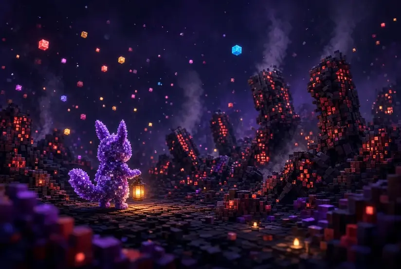 A graveyard of dead launches with a small creature holding a lantern