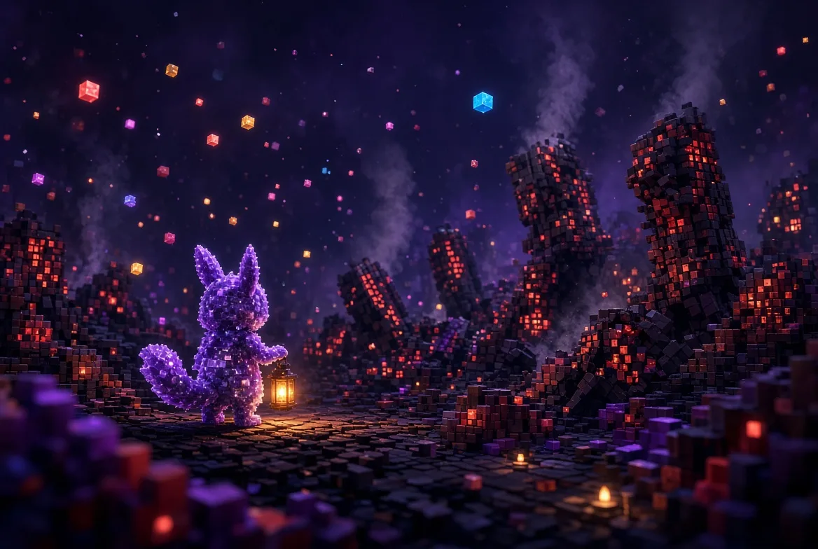 A graveyard of dead launches with a small creature holding a lantern