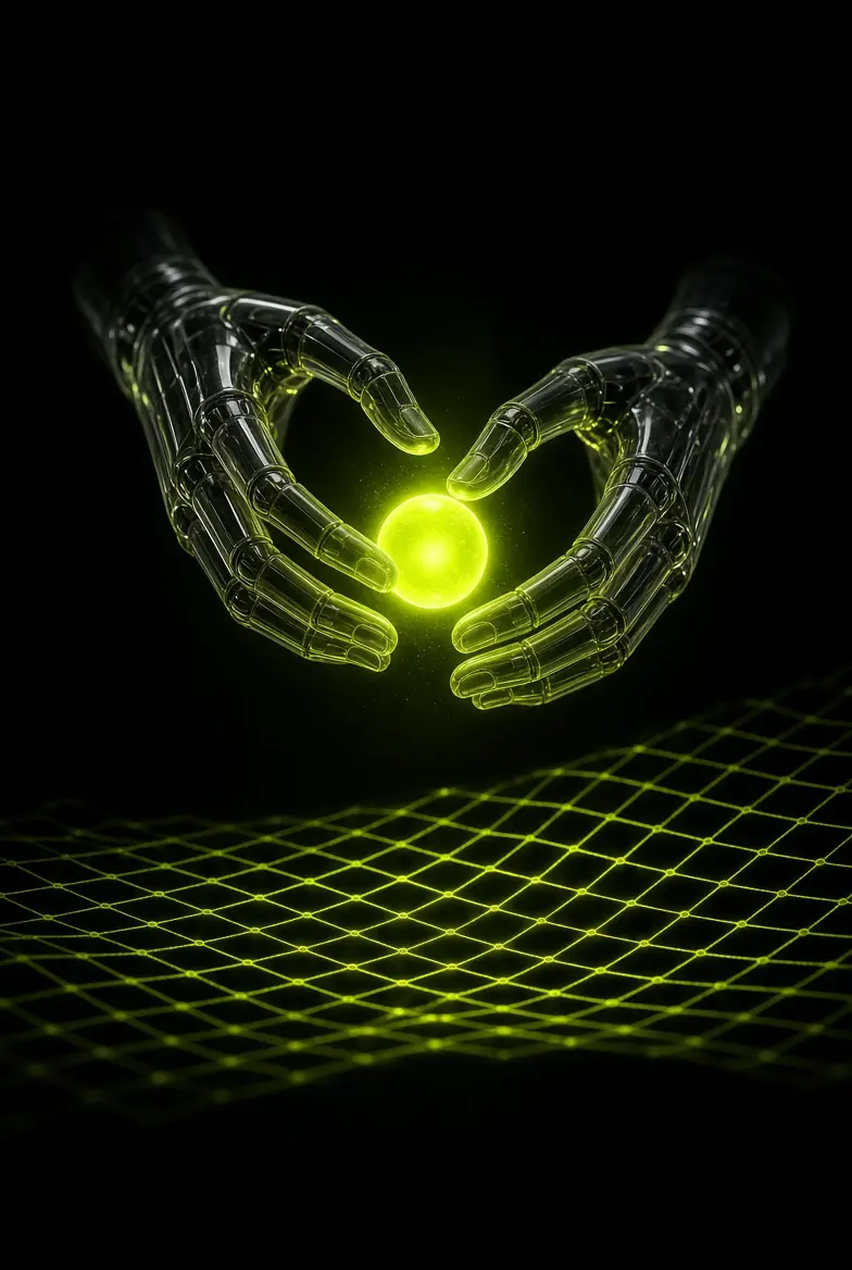 Two glass robot hands hold a glowing light above a net