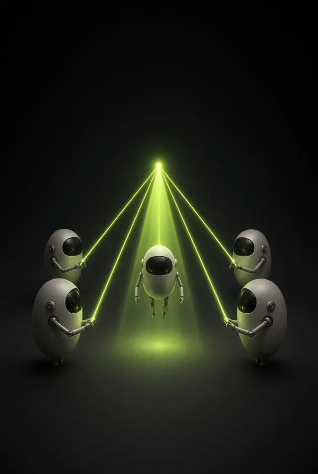 Four robots lift a fifth one up with beams of light