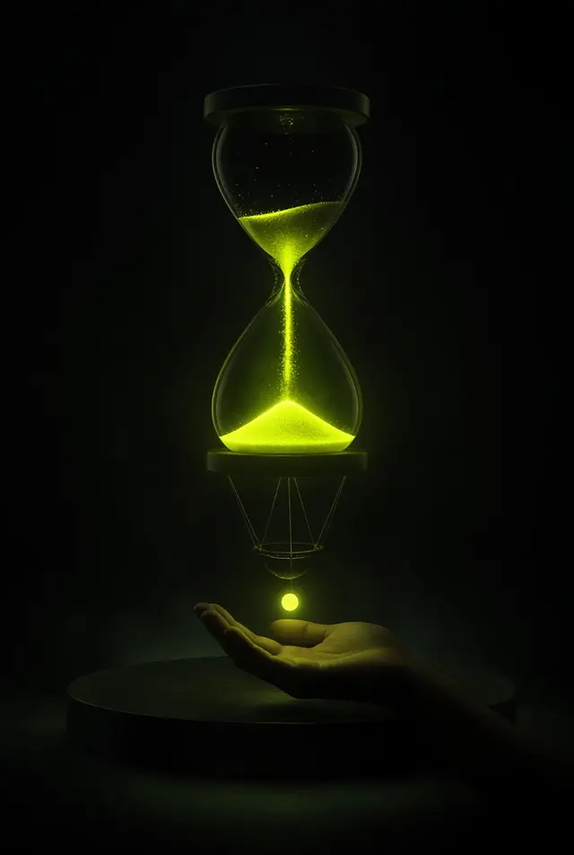 An hourglass of light; as it runs out a small coin drops